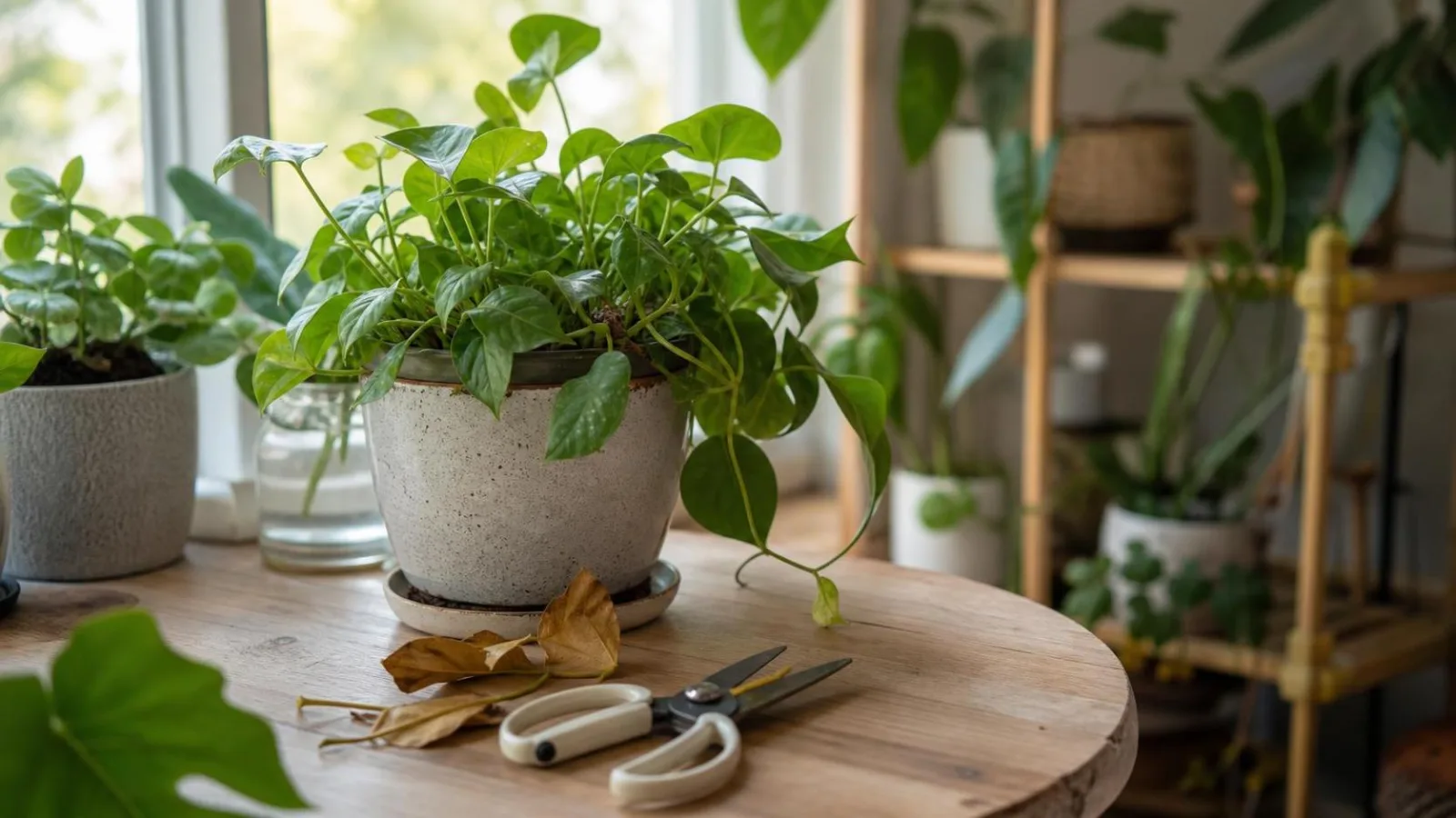 Plantas de interior con tijeras de poda limpias y hojas secas sobre una mesa