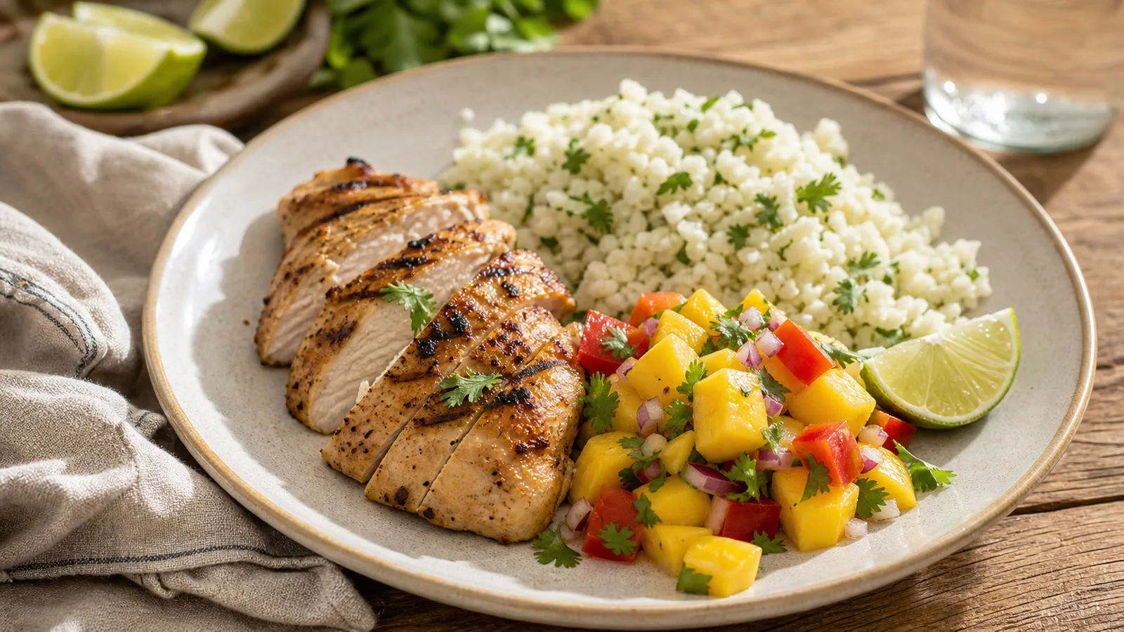 Pollo al comal con pico de mango y arroz de coliflor servido en plato casero