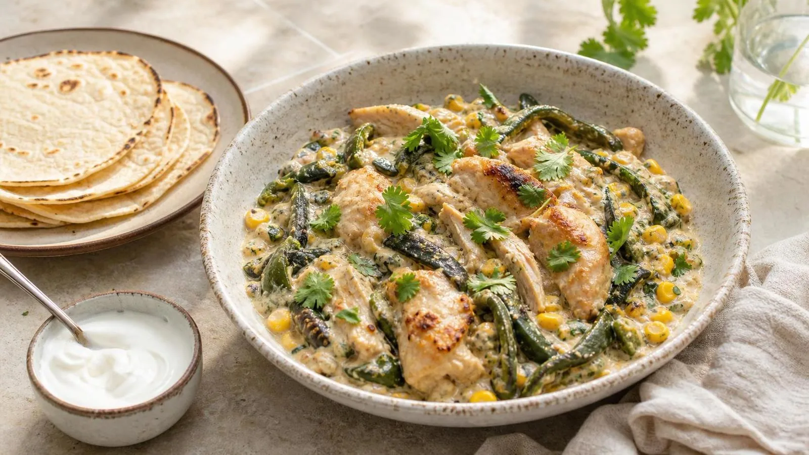 Pollo cremoso con rajas y elote servido en plato casero