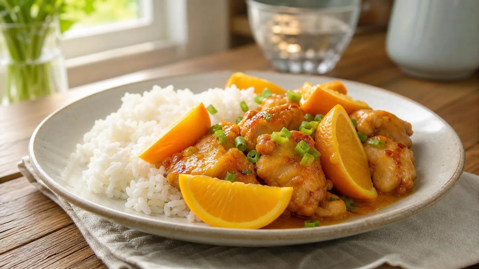 Pollo a la naranja en sartén con arroz blanco servido en mesa casera