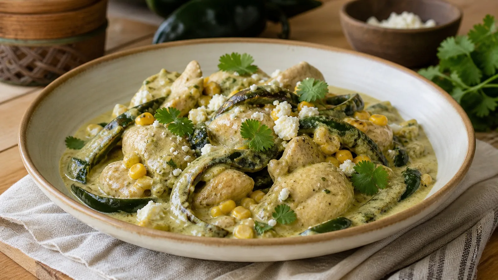 Plato de pollo cremoso con rajas poblanas, elote, queso fresco y cilantro