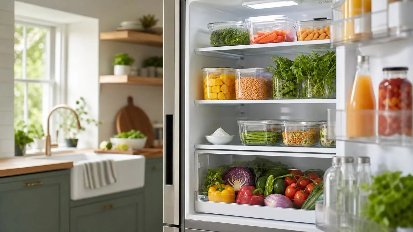 Refrigerador limpio y ordenado en cocina casera con recipientes hermeticos y verduras frescas
