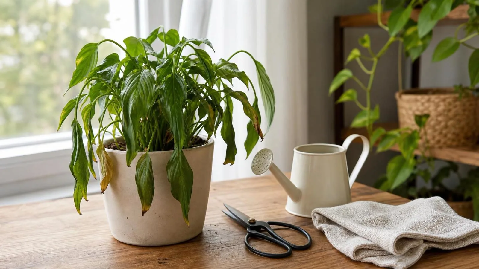 Planta de interior con hojas caidas junto a materiales de cuidado en una mesa de casa