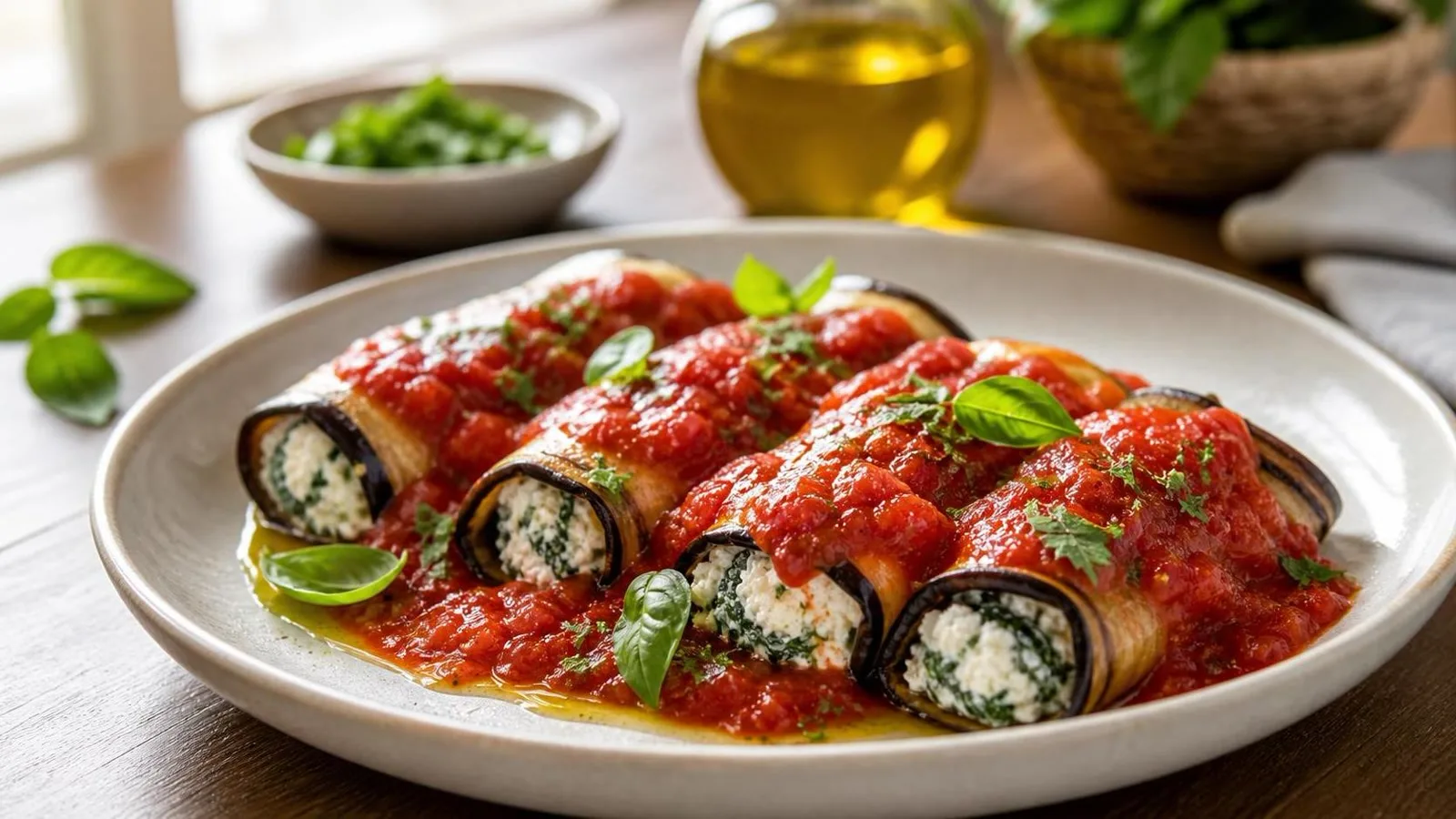 Rollitos de berenjena con requeson espinaca y salsa de jitomate servidos en plato casero