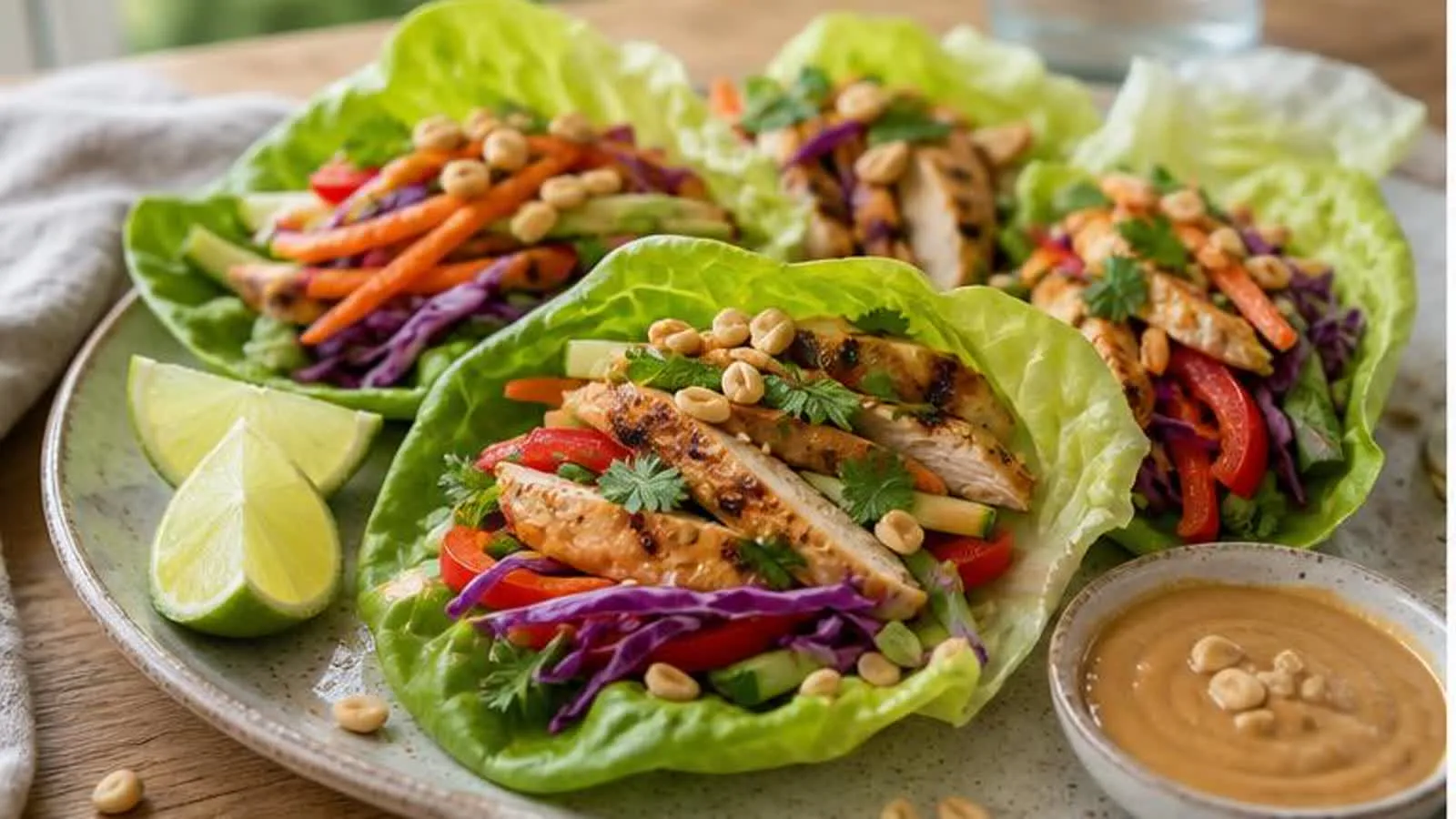 Rollitos de lechuga con pollo verduras crujientes y salsa de cacahuate servidos en plato