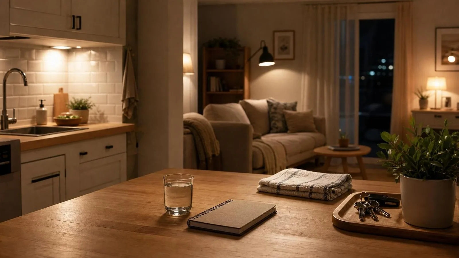Cocina y sala de casa ordenadas por la noche con luz calida y objetos acomodados
