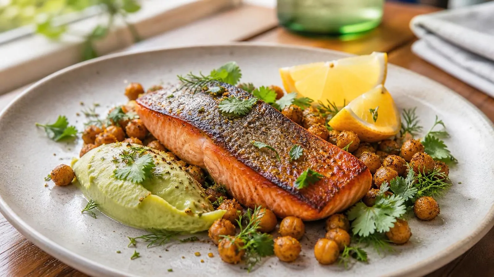 Salmon al sarten con garbanzos especiados y crema de aguacate servido en plato casero