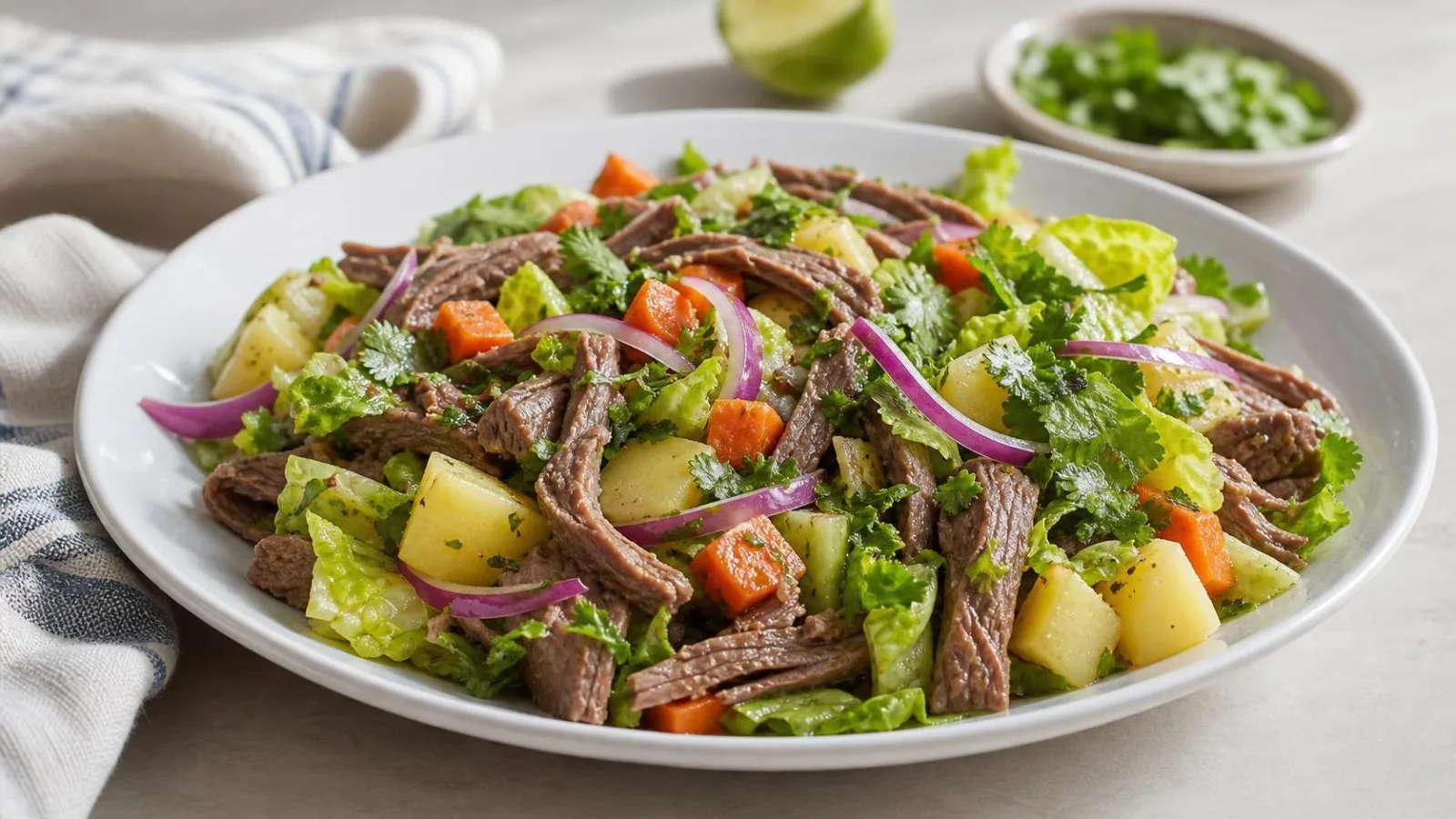 Salpicon de res frio con papa zanahoria y vinagreta de limon servido en plato casero