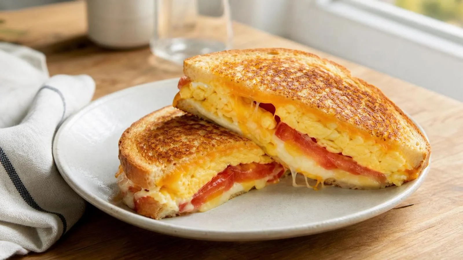 Sándwiches calientes de huevo con queso fundido y jitomate servidos en mesa casera