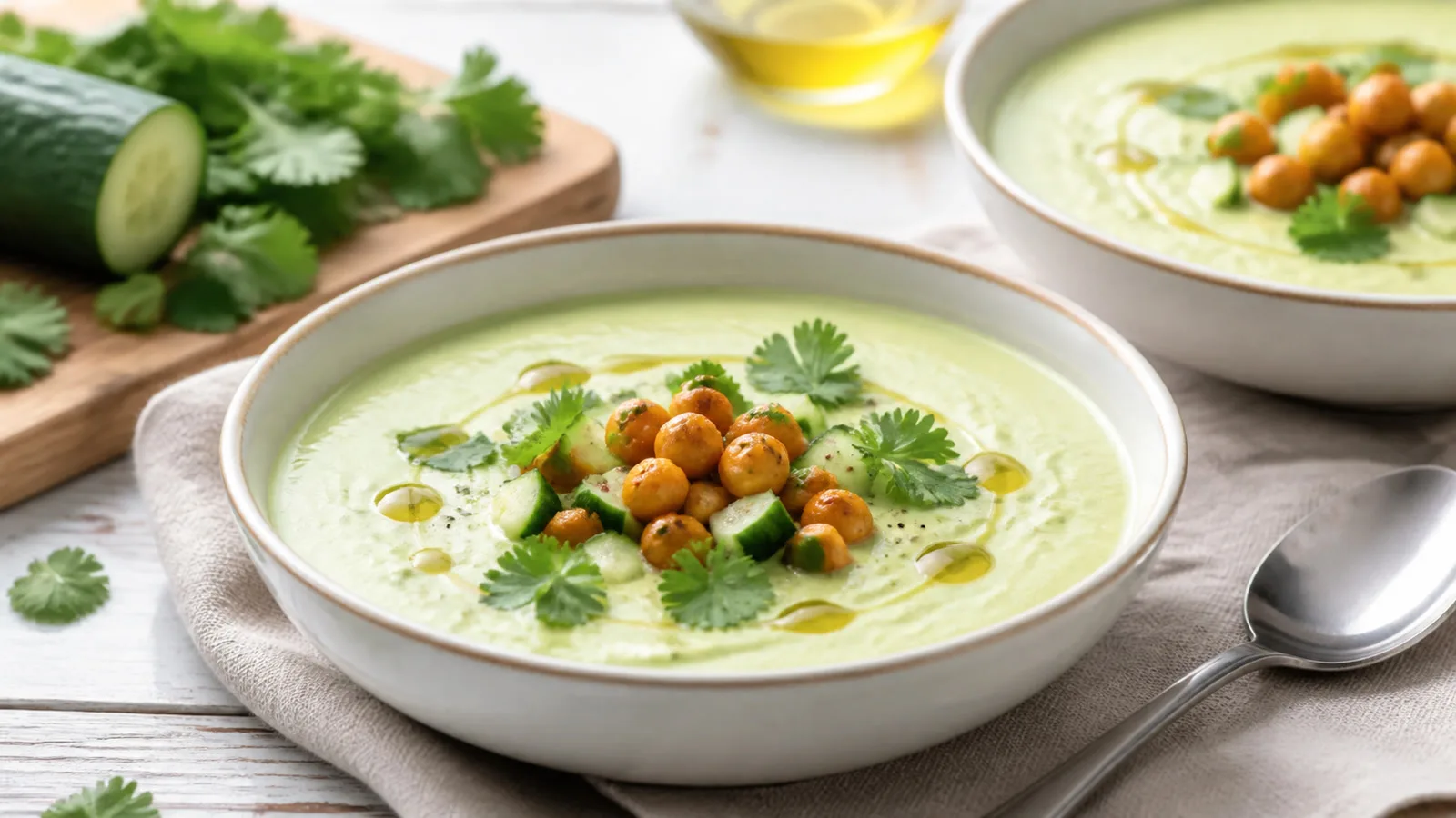 Sopa fria de pepino con aguacate yogur y garbanzos crujientes servida en tazon casero