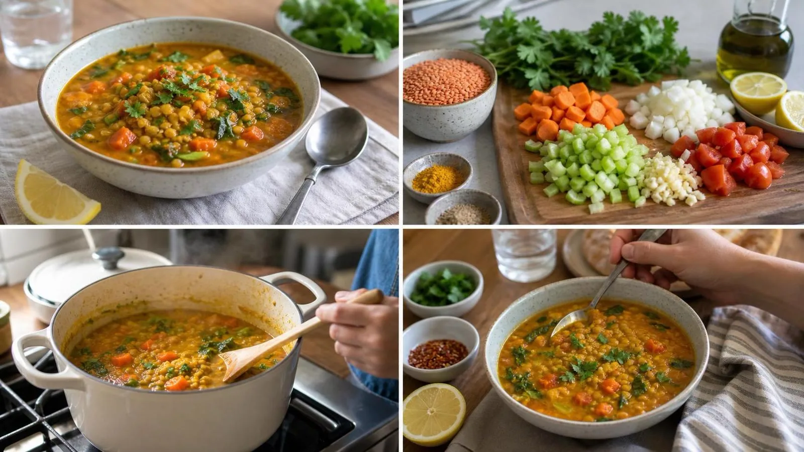 Sopa ligera de lentejas rojas con verduras y curcuma servida en mesa casera