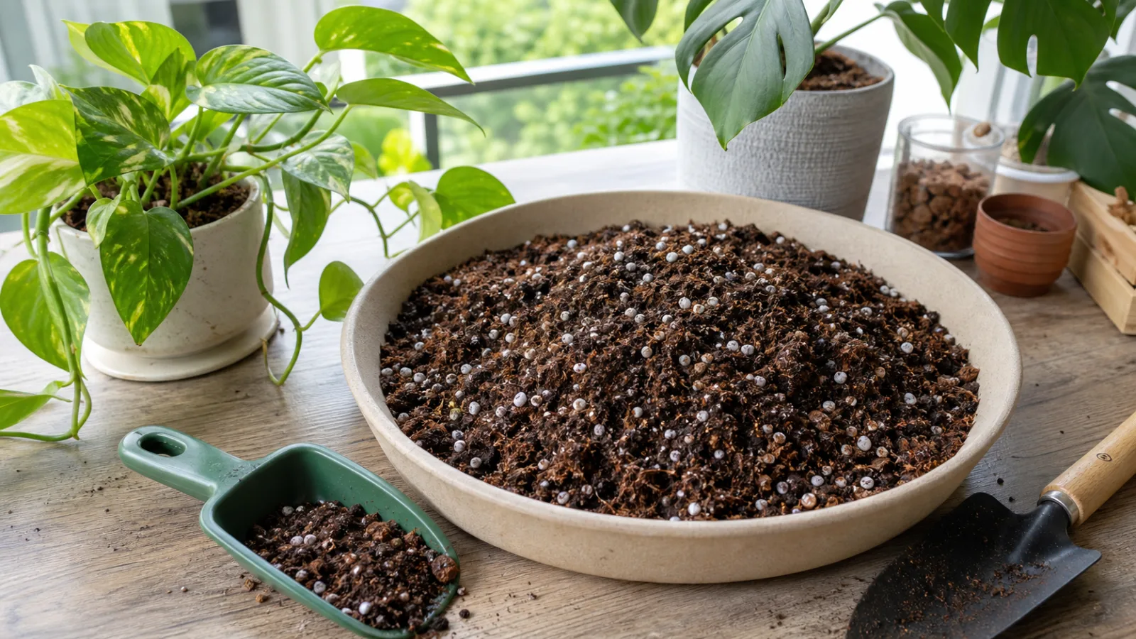 Sustrato aireado para plantas de interior con perlita fibra de coco y corteza en una mesa de jardineria casera