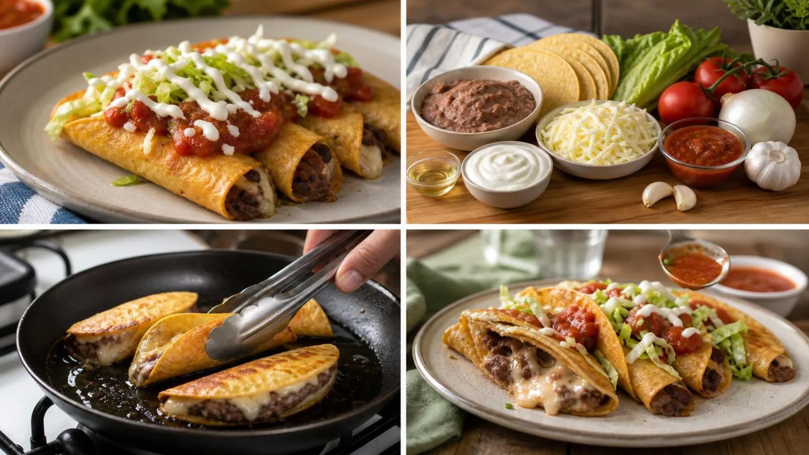 Tacos dorados de frijol con queso servidos con salsa roja, crema y lechuga