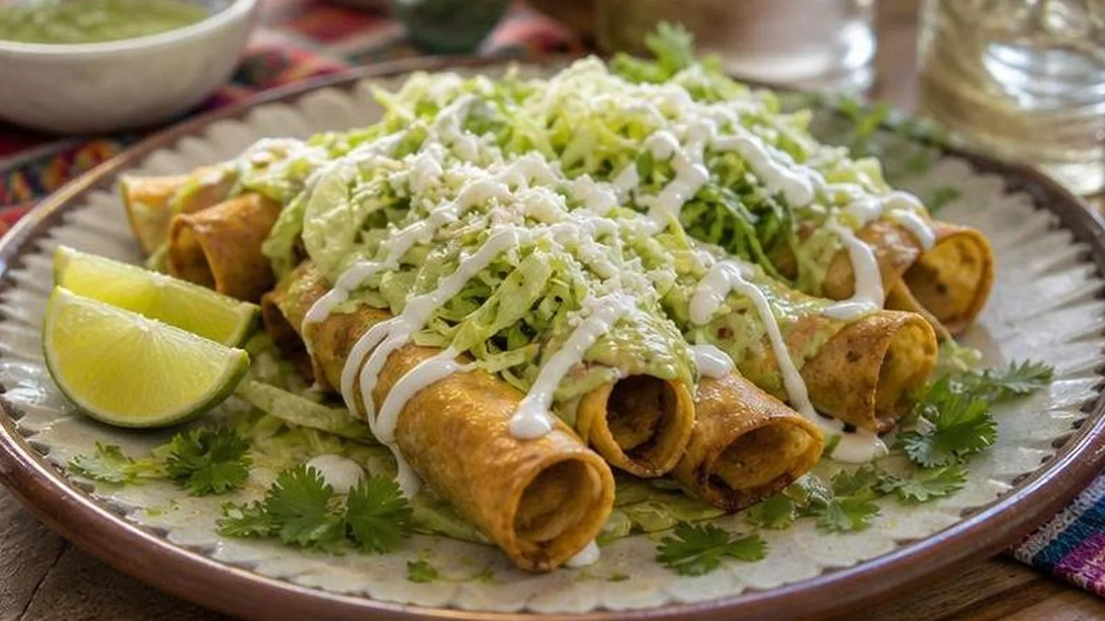 Tacos dorados de papa servidos con salsa cremosa de aguacate, lechuga, crema y queso