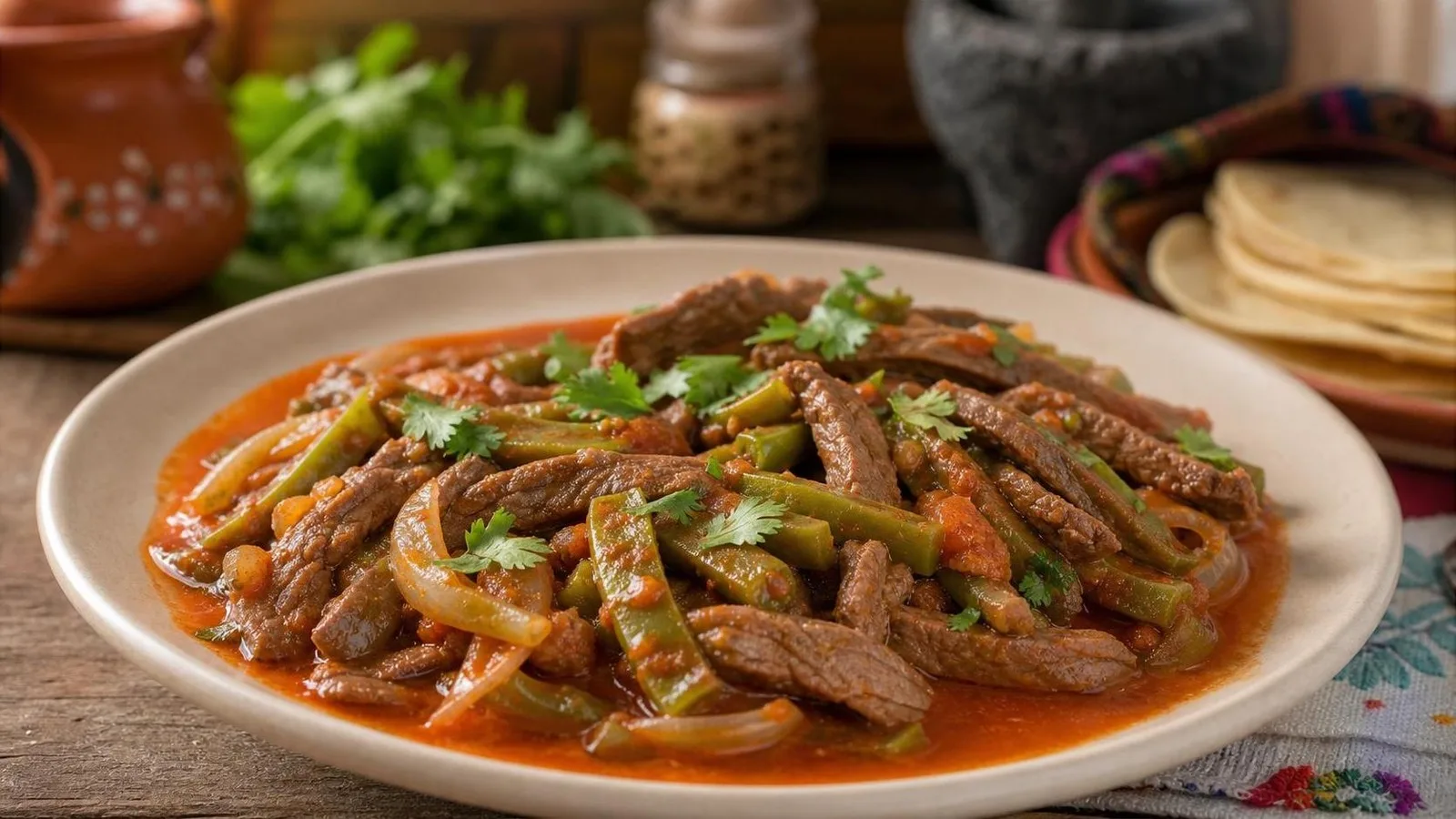 Tiras de res con nopales y salsa roja servidas en plato casero