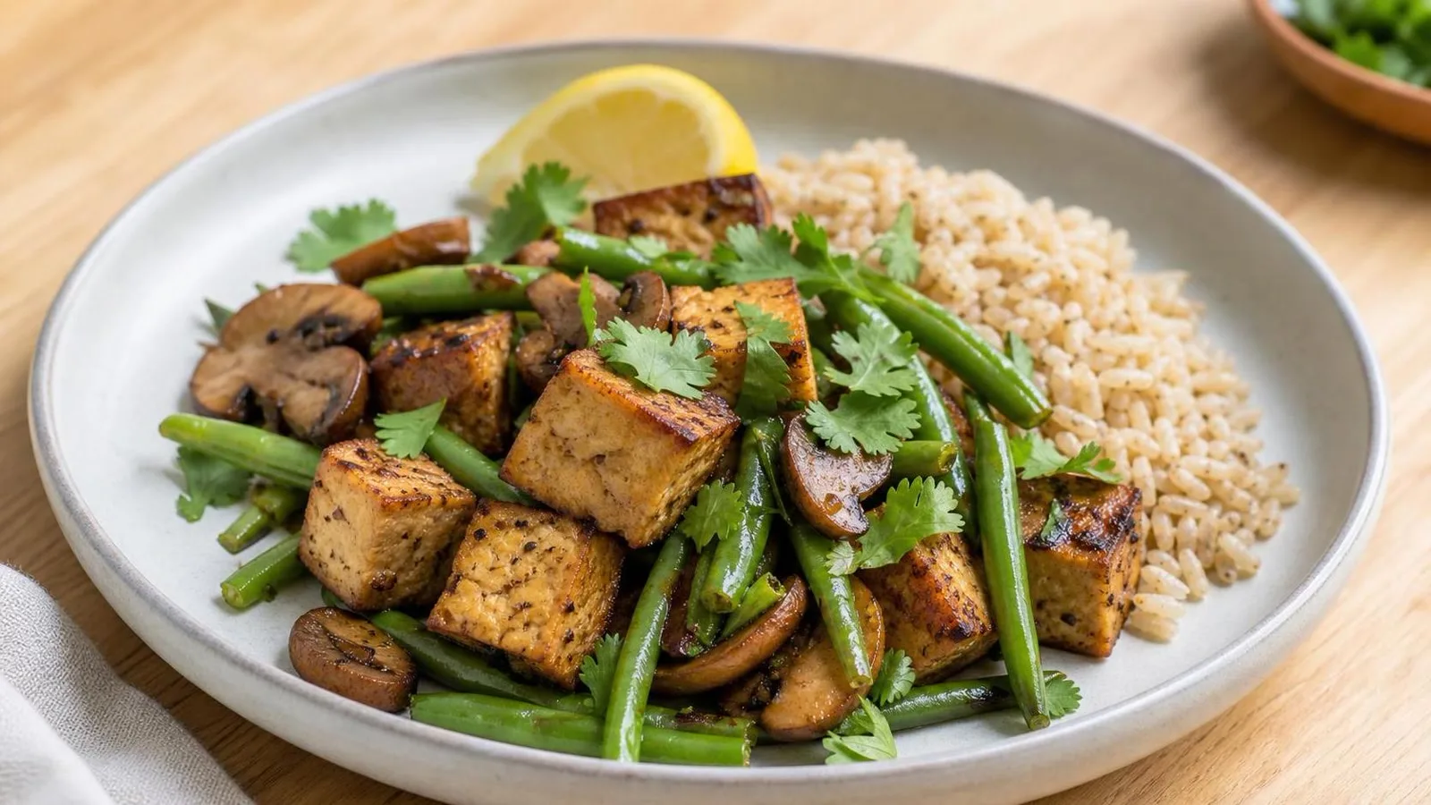 Tofu dorado con champiñones, ejotes y arroz integral servido en plato casero