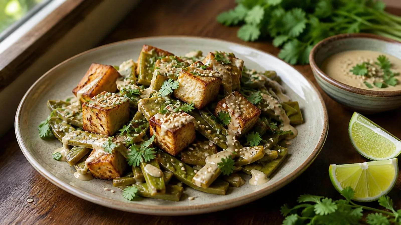 Tofu dorado con nopales y salsa cremosa de cacahuate servido en plato casero