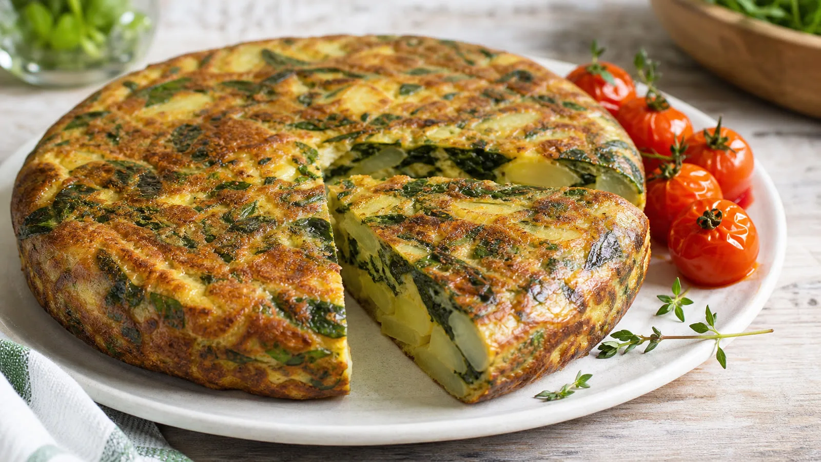 Tortilla de papa y espinaca al horno servida con jitomate asado