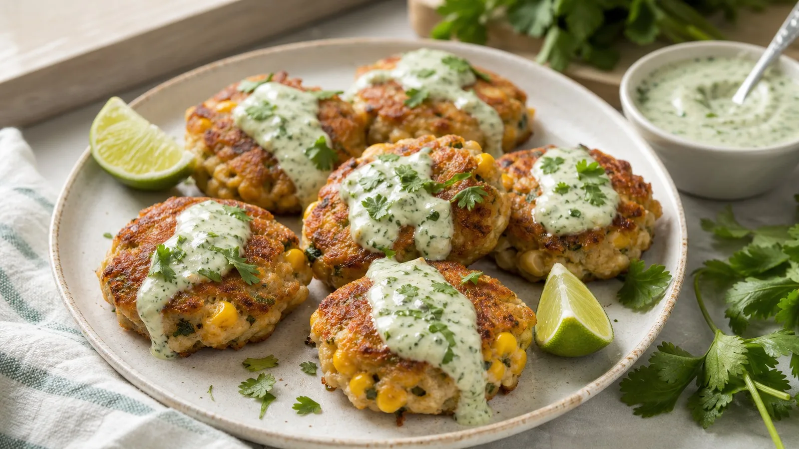 Tortitas de atún con elote doradas en sartén con salsa de limón y cilantro