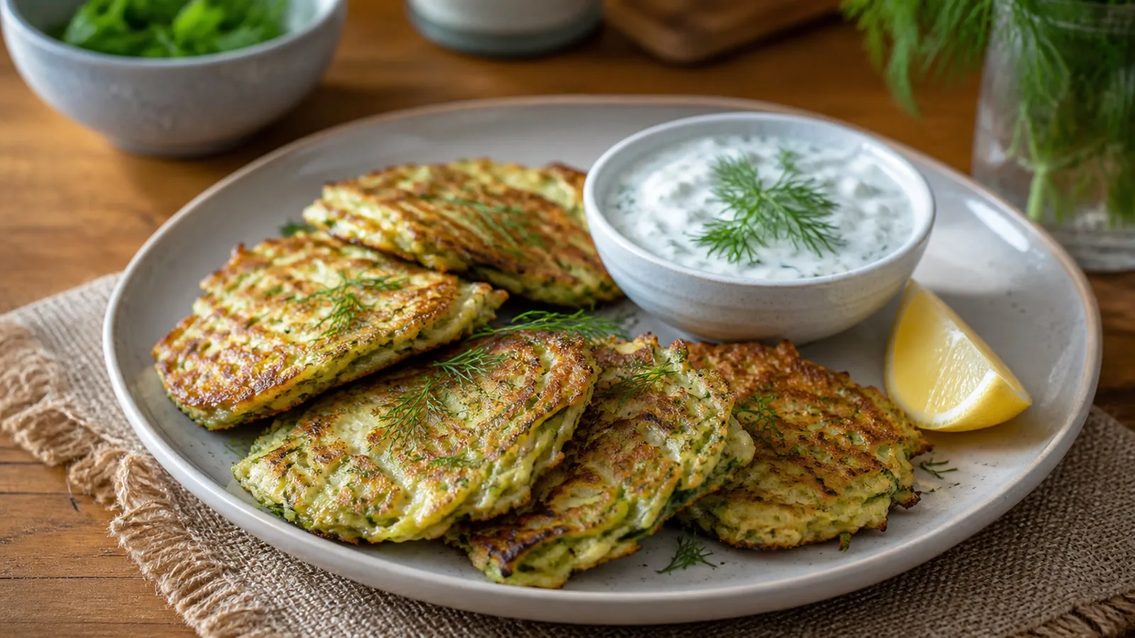 Tortitas de calabacita y avena servidas con salsa de yogur y limon