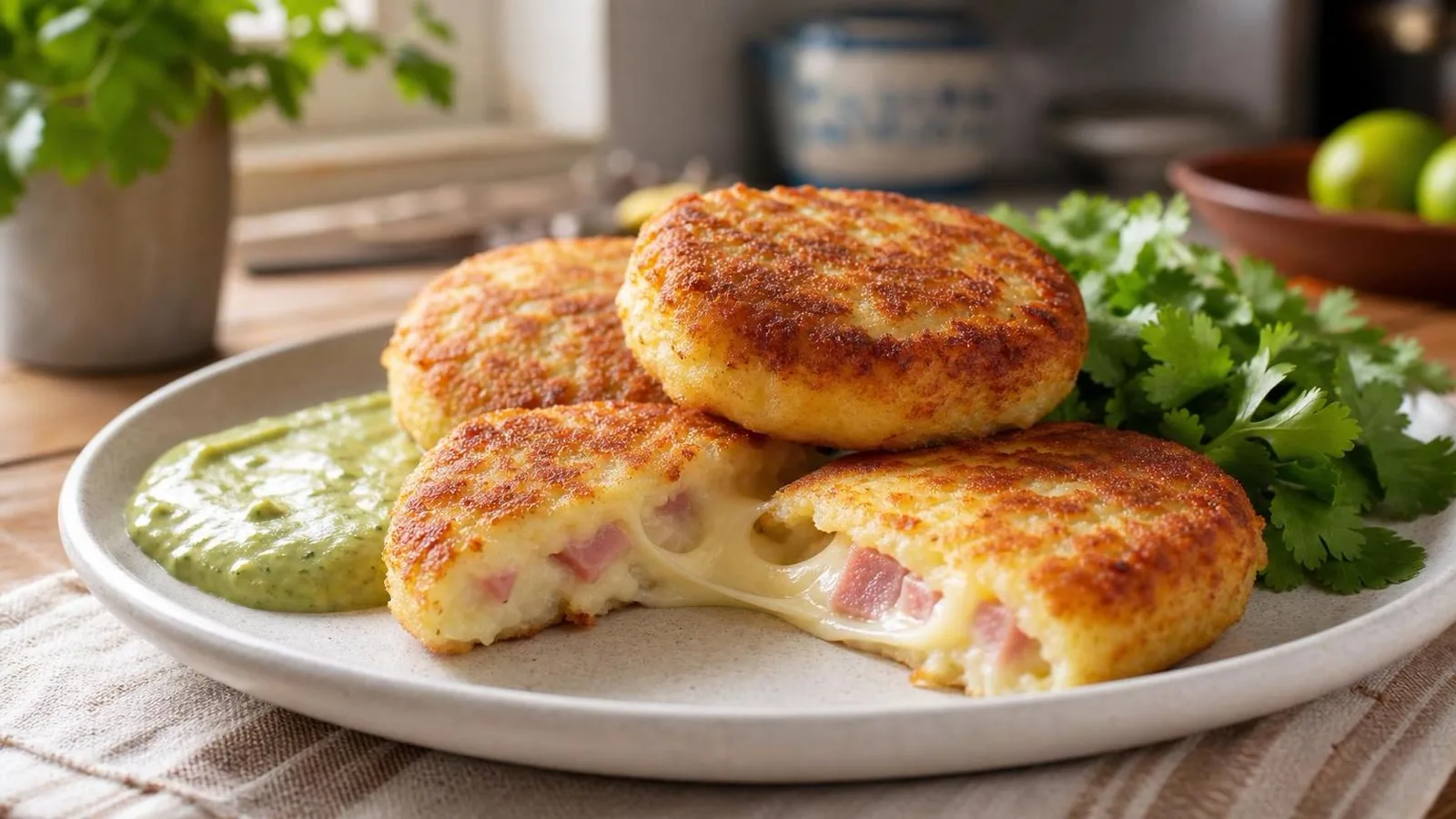 Tortitas de papa con jamon y queso doradas servidas en plato casero