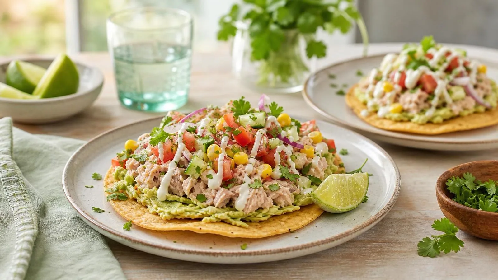 Tostadas horneadas de atún con aguacate, verduras frescas y salsa ligera de limón