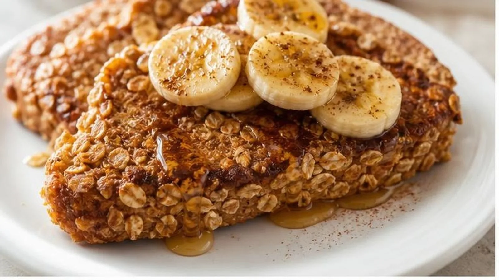 Tostadas francesas de avena con platano y canela servidas con miel