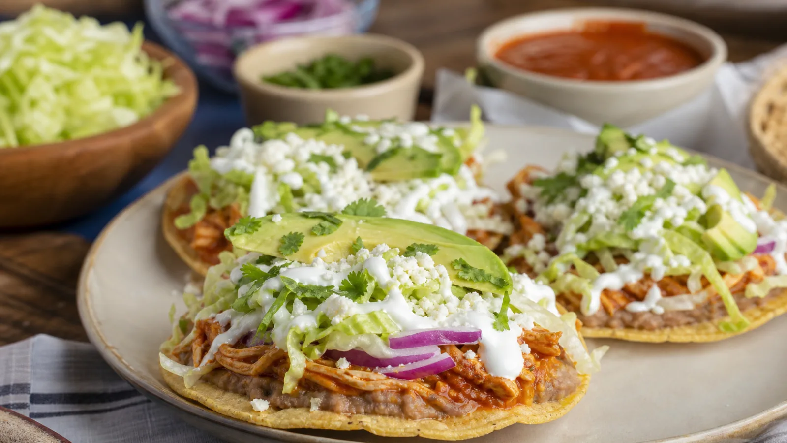 Tostadas de tinga de pollo con chipotle, frijoles, lechuga, crema, queso fresco y aguacate