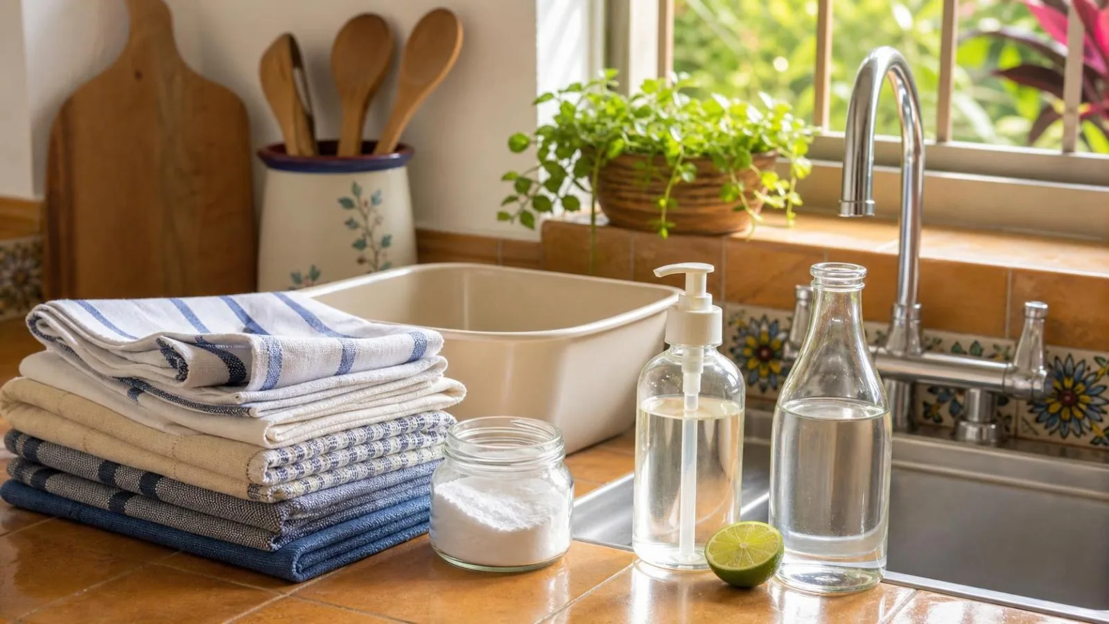Trapos de cocina limpios junto a bicarbonato jabon y vinagre blanco en una cocina casera