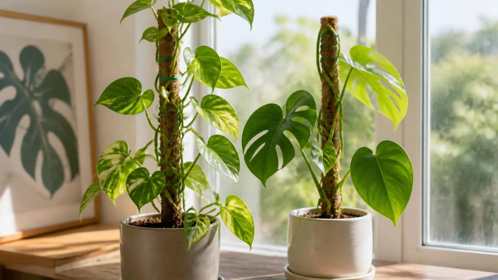 Plantas trepadoras de interior guiadas con tutores y amarres suaves en una mesa luminosa