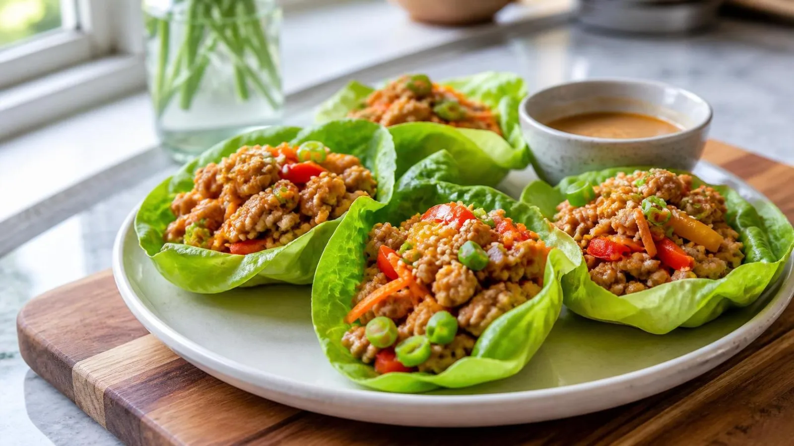 Wraps de lechuga con pavo y verduras salteadas servidos en plato casero