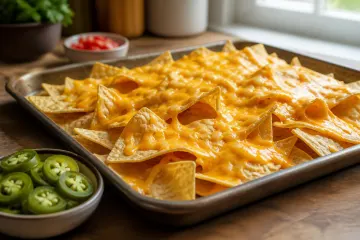 Totopos en bandeja con queso cheddar derritiéndose antes de agregar jalapeños