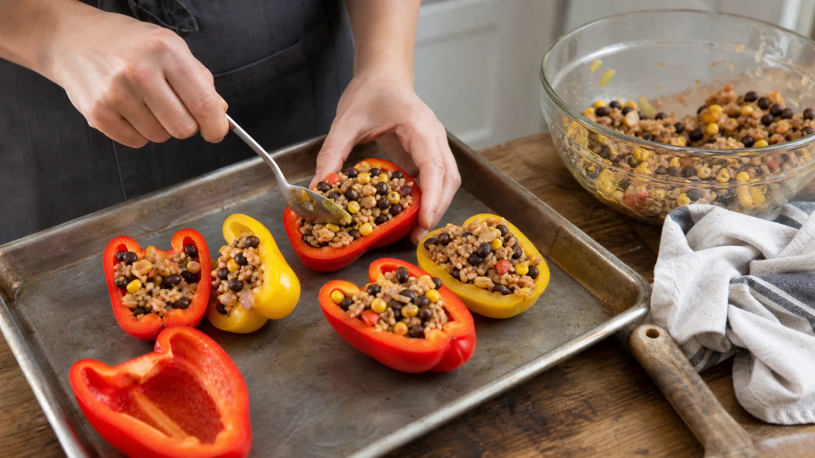 Preparacion casera del relleno de frijoles negros arroz integral y verduras en sarten