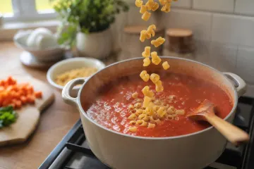 Olla con recaudo de tomate hirviendo mientras se prepara sopa de pasta casera