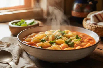Tazón de sopa de conchitas casera humeante con cilantro fresco