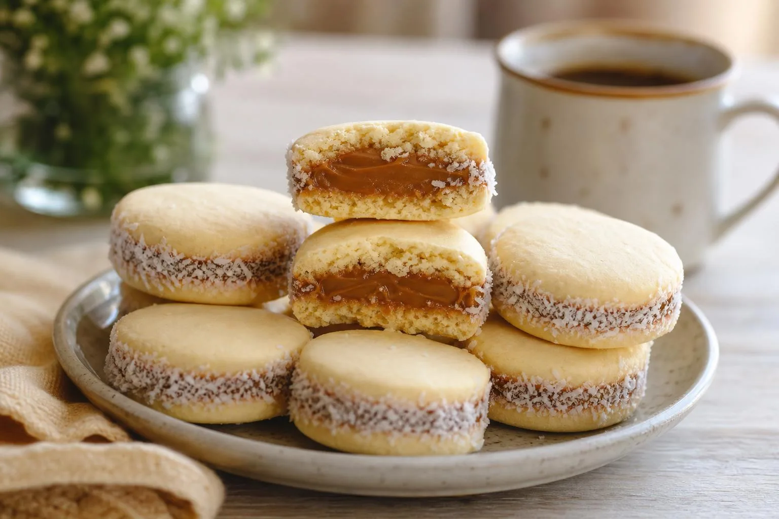 Alfajores de maicena servidos con dulce de leche y coco rallado