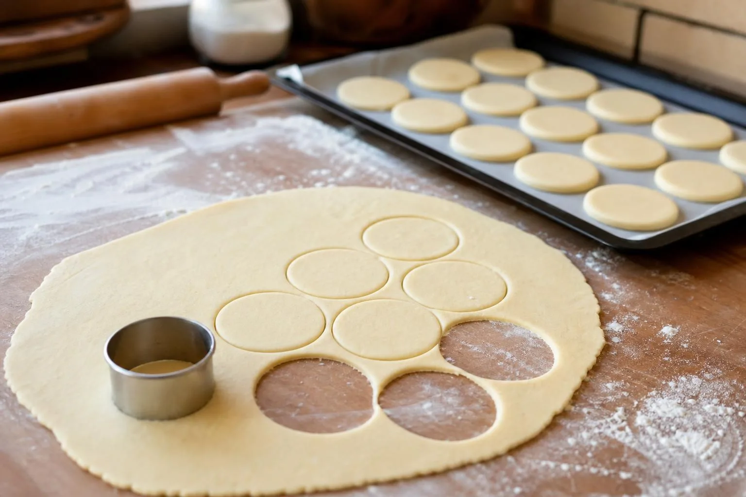 Masa de alfajores de maicena estirada y cortada en círculos
